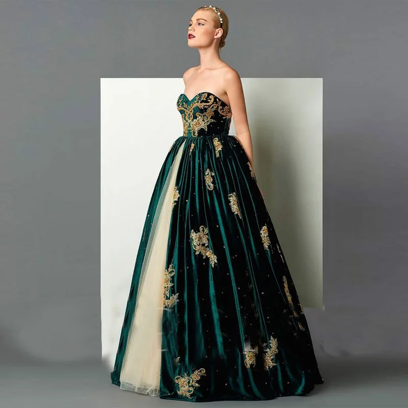 

Treasure Velvet Embroidery Applique Evening Dresses Strapless Floor Length Ruffle Zipper Back BallGown Prom Dress robe de soiree