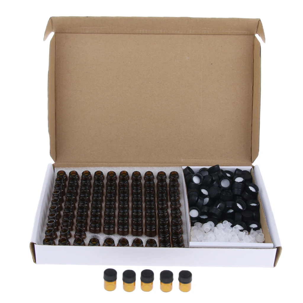 100 Pcs Essential Oil Amber Glass Vial with orifice 1-3ml Sample Dram bottle Thin Glass Small Amber Perfume Sample Test Bottle