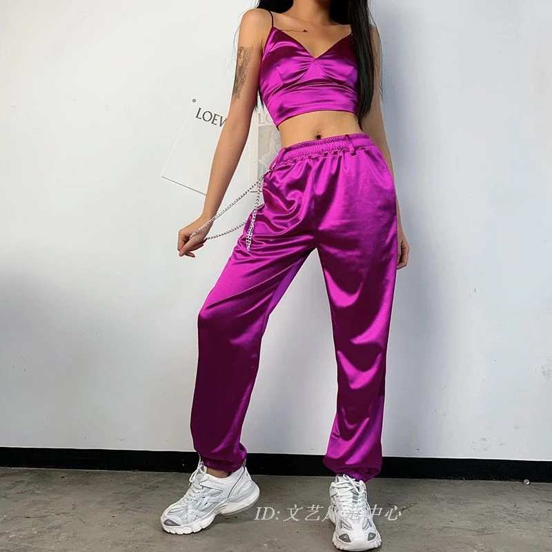 Sexy Two-piece Clothes Set Summer Clothing Purple Solid Color Deep V-neck Suspender Top + Long Pants Plus Size Clothing Suit 
Sexy Two-piece Clothes Set Summer Clothing Purple Solid Color Deep V-neck Suspender Top + Long Pants Plus Size Clothing Suit