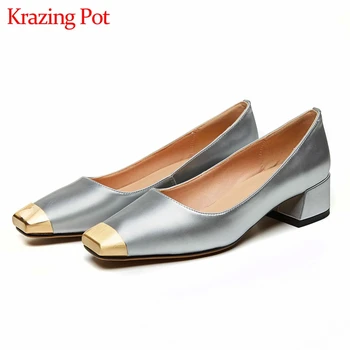 Krazing Pot big size Korean style popular genuine leather metal square toe med heels slip on sweet mixed colors women pumps L23 
Krazing Pot big size Korean style popular genuine leather metal square toe med heels slip on sweet mixed colors women pumps L23