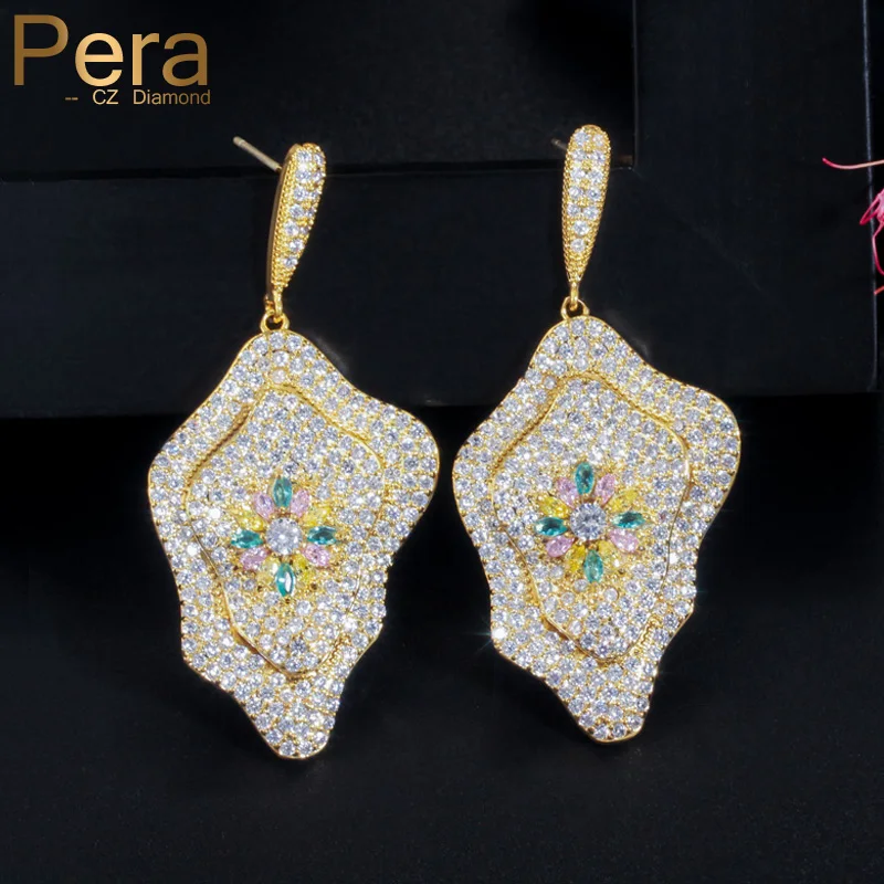 Pera Full Shinning Dubai Gold Big Wave Long Hanging Drop Earrings for Luxury Nigerian Women Cubic Zirconia Party Jewelry E458 | Украшения и