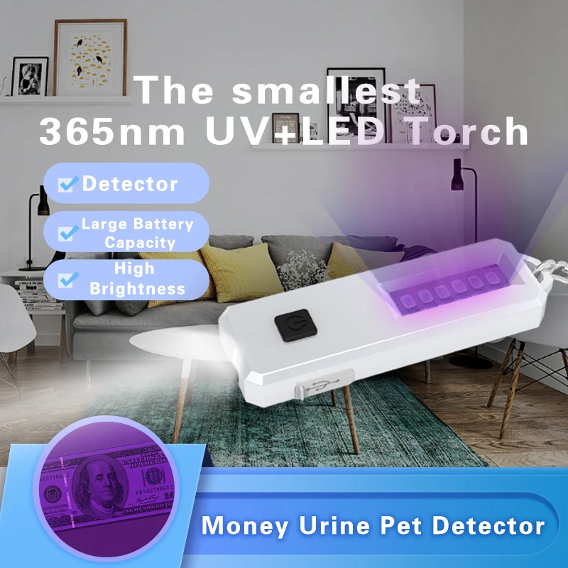 Uv Flashlight Ultraviolet Light Rechargeable Mini Hunting Camping Pet Urine Stains Detector Scorpion Nail Uv Lamp with Keychain
Uv Flashlight Ultraviolet Light Rechargeable Mini Hunting Camping Pet Urine Stains Detector Scorpion Nail Uv Lamp with Keychain