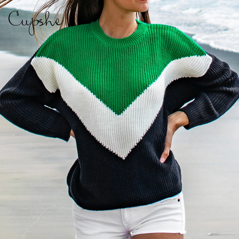 CUPSHE Navy White and Green Colorblocked Sweaters Women Casual Loose Long Sleeve Knitted Top 2019 Autumn Winter Female Pullover | Женская