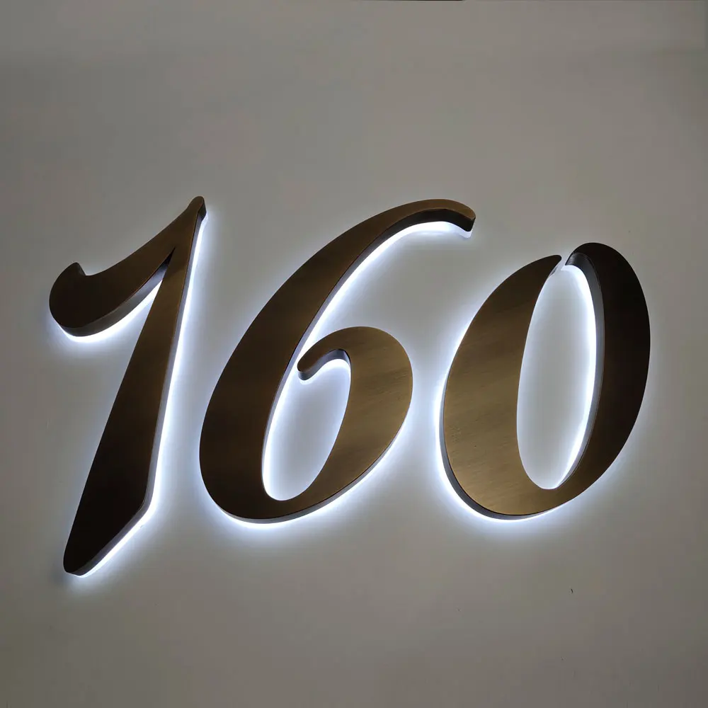Vintage bronze halo-lit signs stainless steel with acrylic backside led house numbers white or warm light color
Vintage bronze halo-lit signs stainless steel with acrylic backside led house numbers white or warm light color