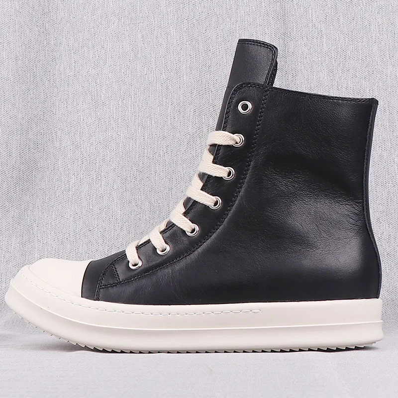 

New Season Man Fashion Contrast Hi-top Sneakers Genuine Leather Black White Lace-up Side Zip Round Toe Thick Sole Shoes