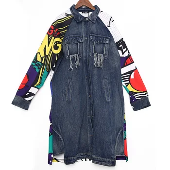 2020 Tide New Fashion Spring Autumn Lapel Long Sleeve Blue Pattern Printed Loose Hole Denim Big Size Jacket Women Coat