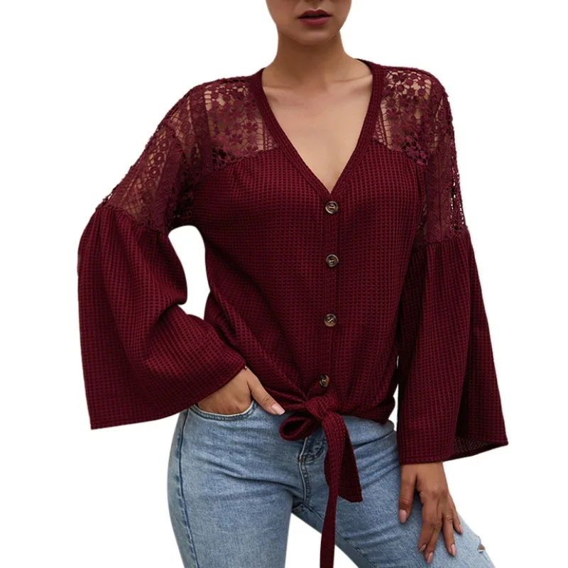 Women's T-Shirts Female Spring Autumn Fashion Casual V-Neck Lace Splice Long Flared Sleeve Solid Color Sigle Row Button Tie Tops
Women's T-Shirts Female Spring Autumn Fashion Casual V-Neck Lace Splice Long Flared Sleeve Solid Color Sigle Row Button Tie Tops