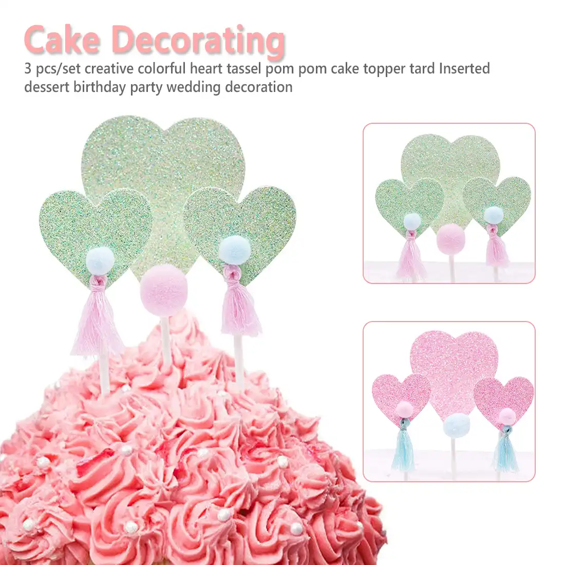 tassel pom pom cake topper card inserted dessert birthday party