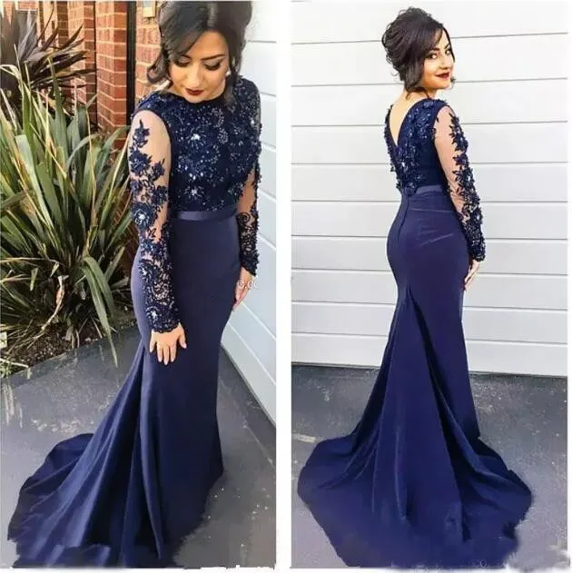 

Navy Blue sexy Illusion Long Sleeves Prom gown Appliqued Vestido robe de soiree 2018 Lace Mermaid Mother formal Evening Dresses