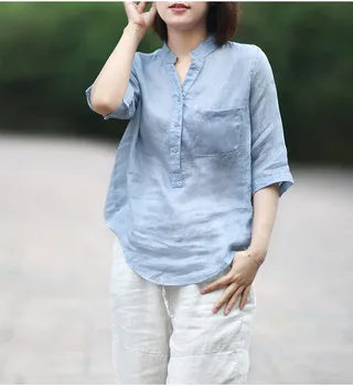 Short-sleeved linen shirt female 2020 new summer loose large size was thin cotton linen shirt half-sleeved retro shirt T-shirt 
Short-sleeved linen shirt female 2020 new summer loose large size was thin cotton linen shirt half-sleeved retro shirt T-shirt