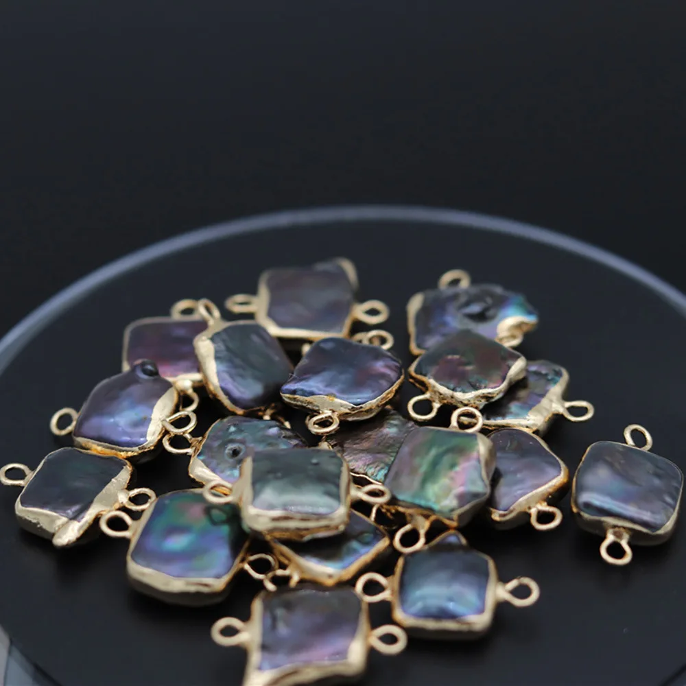 

10x15MM 8Pcs Plated Gold Side White 100% Natural Edison Baroque Black Freshwater Pearl Square Charms Jewelry Pendants Making