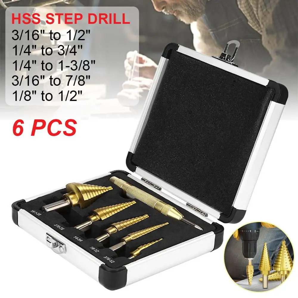 6pcs HSS Straight Groove Step Drill Bit Set Titanium Coated Wood Metal Hole Cutter Core Drill Bit Set with Center Punch
6pcs HSS Straight Groove Step Drill Bit Set Titanium Coated Wood Metal Hole Cutter Core Drill Bit Set with Center Punch