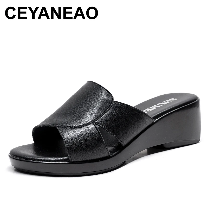 

CEYANEAO fashion genuine leather women slippers 2020 summer shoes platform sandals ladies wedge sandals thongs