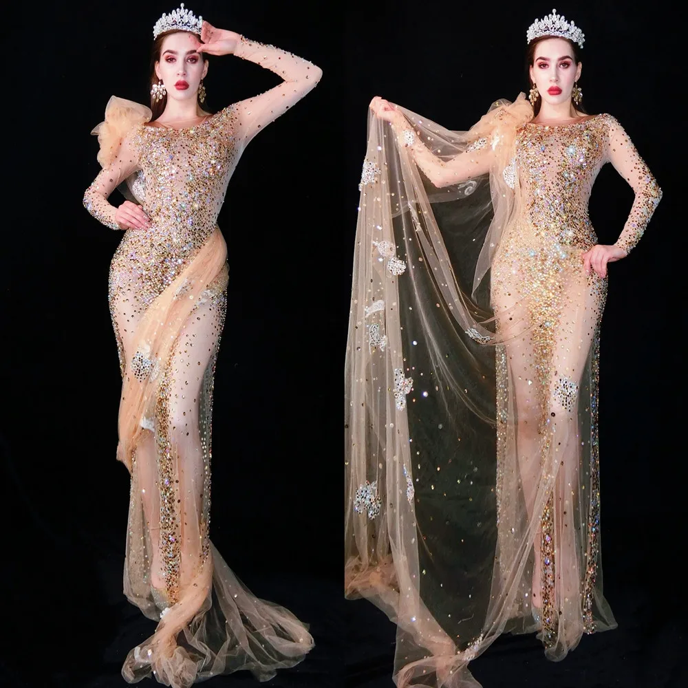 Sexy Mesh Perspective Rhinestone Women's Evening Gown Party Banquet Female Elegant Cocktali Dress Shining Women's Stage Costumes 
Sexy Mesh Perspective Rhinestone Women's Evening Gown Party Banquet Female Elegant Cocktali Dress Shining Women's Stage Costumes