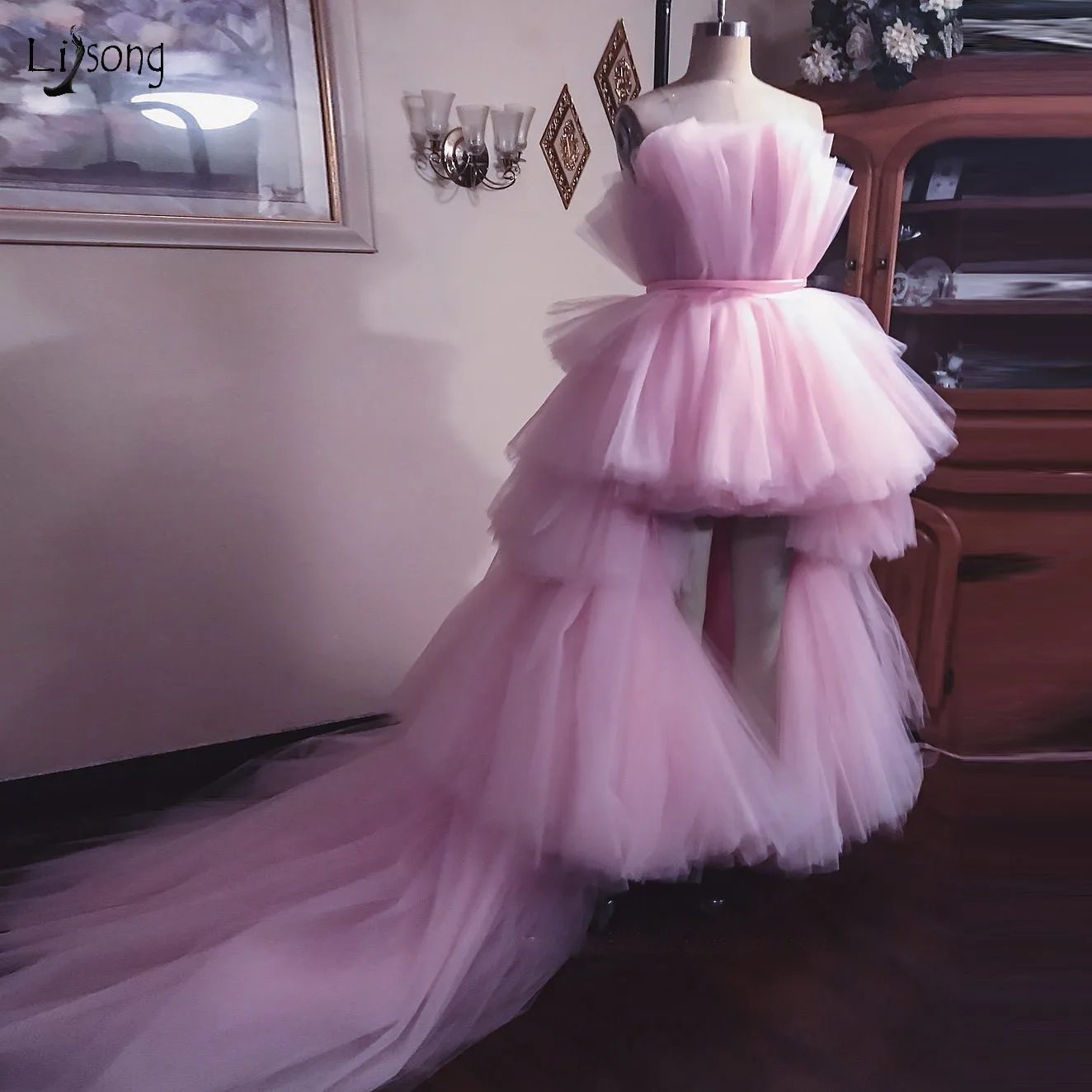 

Real Image 2019 Pink Ruffles High Low Evening Dresses Tiered Puffy Tutu Prom Gowns Pretty Formal Dresses Abendkleider