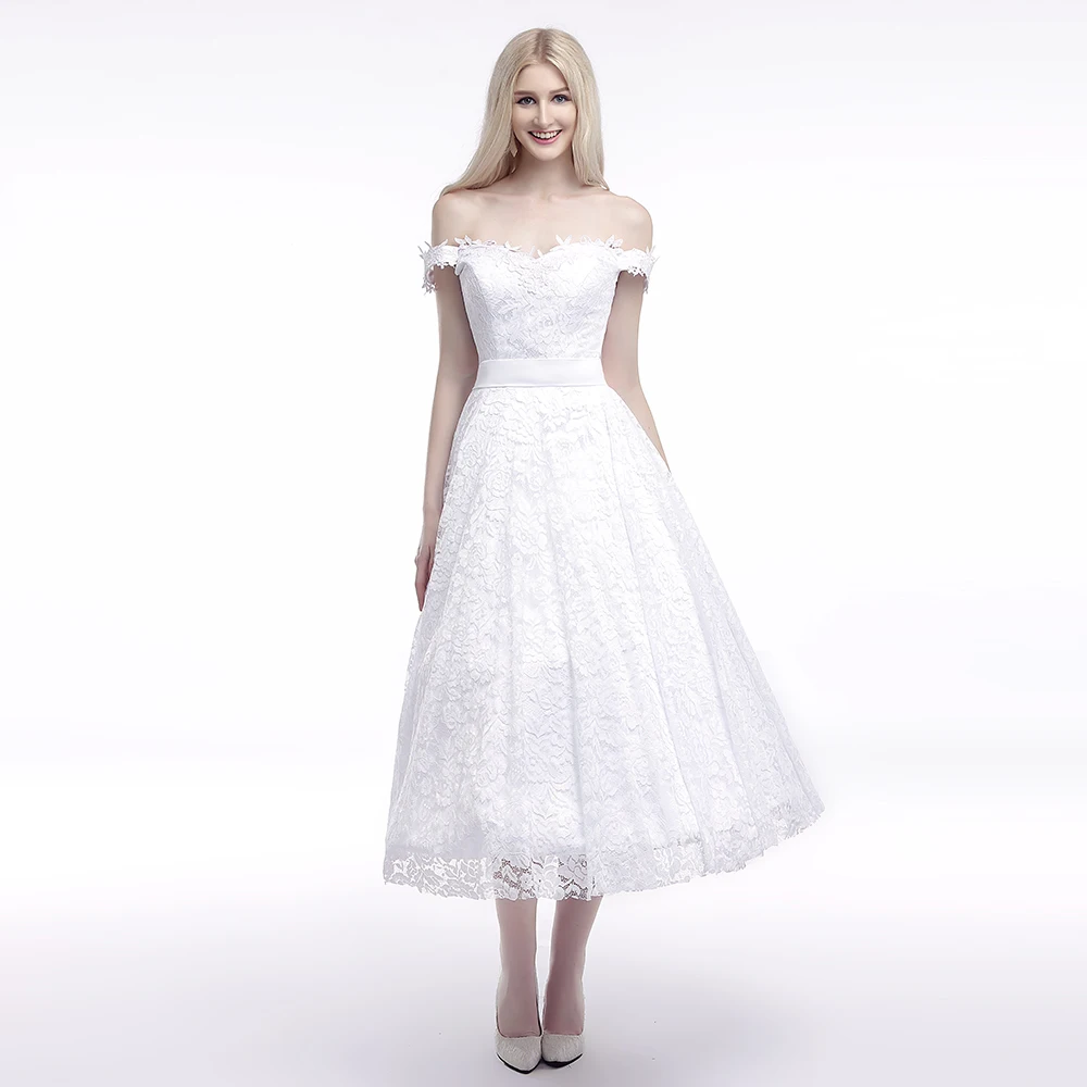 Vintage Style White Lace With Bow Tea Length Bridesmaid Dresses robe de soirée de mariage Off the Shoulder
Vintage Style White Lace With Bow Tea Length Bridesmaid Dresses robe de soirée de mariage Off the Shoulder