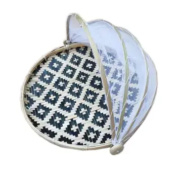 Handmade Bamboo Woven Bug Proof Wicker Basket Dustproof Picnic Fruit Tray Food Bread Dishes Cover With Gauze Panier Osier