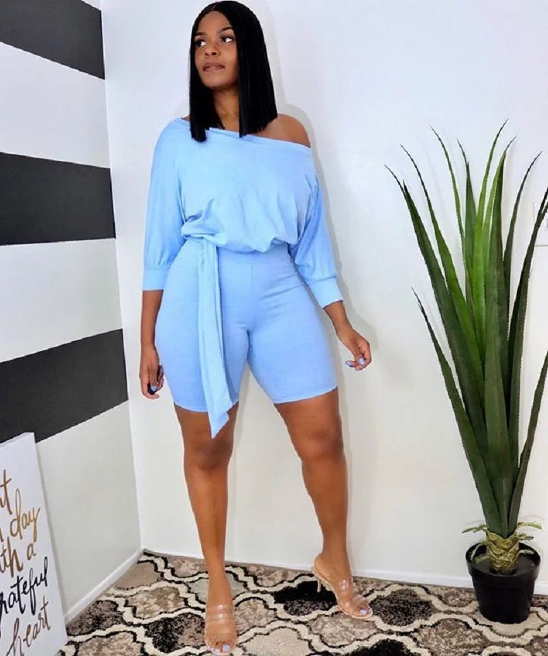 

Summer Women Solid Color Off Shoulder Slash Neck Wrist Sleeve Sahes Waist Knee Length Playsuit One Piece Overall Rompers