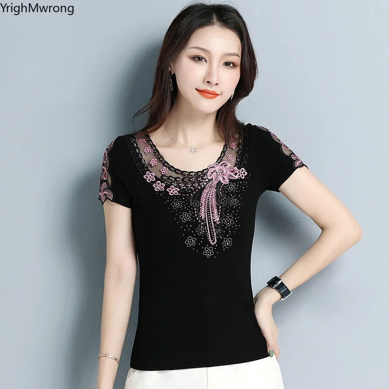 Plus Size Oversized Slim Beading Rhinestone Diamonds Drilling Embroidery Lace Neck Cotton T Shirt Tee T-Shirt Top Women Fashion 
Plus Size Oversized Slim Beading Rhinestone Diamonds Drilling Embroidery Lace Neck Cotton T Shirt Tee T-Shirt Top Women Fashion