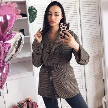 Vintage Double Breasted Office Ladies Plaid Blazer with belt Long Sleeve Houndstooth Suit Coat Jacket Women blazers Female
Vintage Double Breasted Office Ladies Plaid Blazer with belt Long Sleeve Houndstooth Suit Coat Jacket Women blazers Female