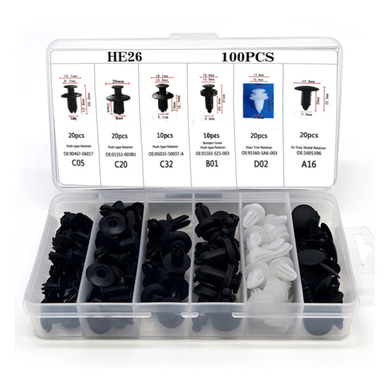 6 sizes 100pcs Fastener Clip Mixed Car Body Push Retainer Pin Rivet Bumper Door Trim Panel Retainer Fastener Kit
6 sizes 100pcs Fastener Clip Mixed Car Body Push Retainer Pin Rivet Bumper Door Trim Panel Retainer Fastener Kit