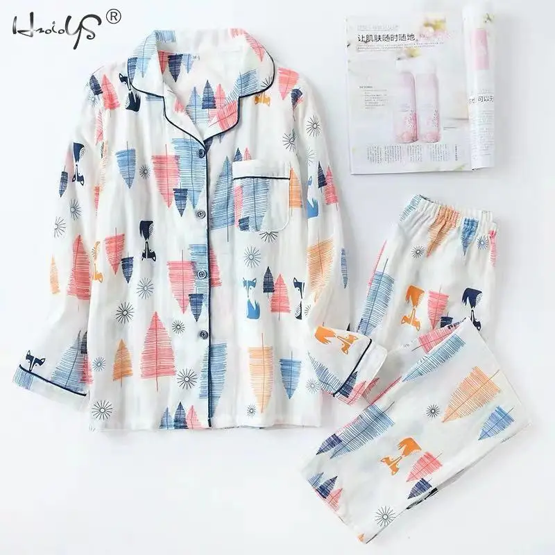 Autumn Womens Long Sleeve Pyjama Set 100% Gauze Cotton Printing PJ'S Sleepwear Mujer Casual Pyjamas Loungewear Nightwear
Autumn Womens Long Sleeve Pyjama Set 100% Gauze Cotton Printing PJ'S Sleepwear Mujer Casual Pyjamas Loungewear Nightwear