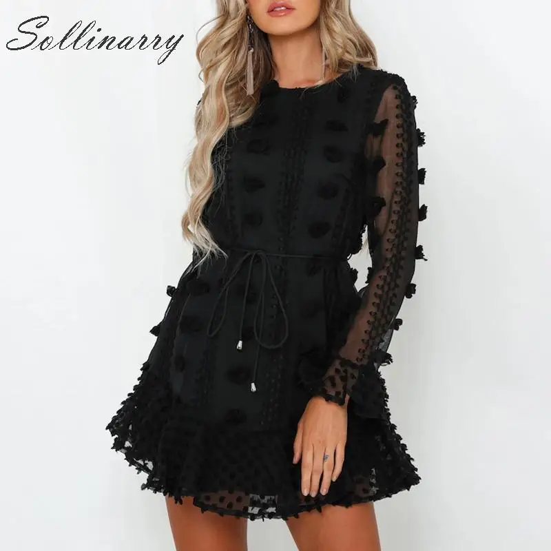 

Sollinarry Boho Casual White Dress Women 2019 Long Sleeve Autumn Winter Short Ruffle Dress Female High Waist Black Dress Vestido