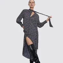 ZA 2019 Outono Nova Azul Marinho Polka Dot Arco Pescoço Vestido Boho Das Mulheres Da Forma Roupas Casuais Fino Vestido de Manga Longa vestido de festa Férias(China)