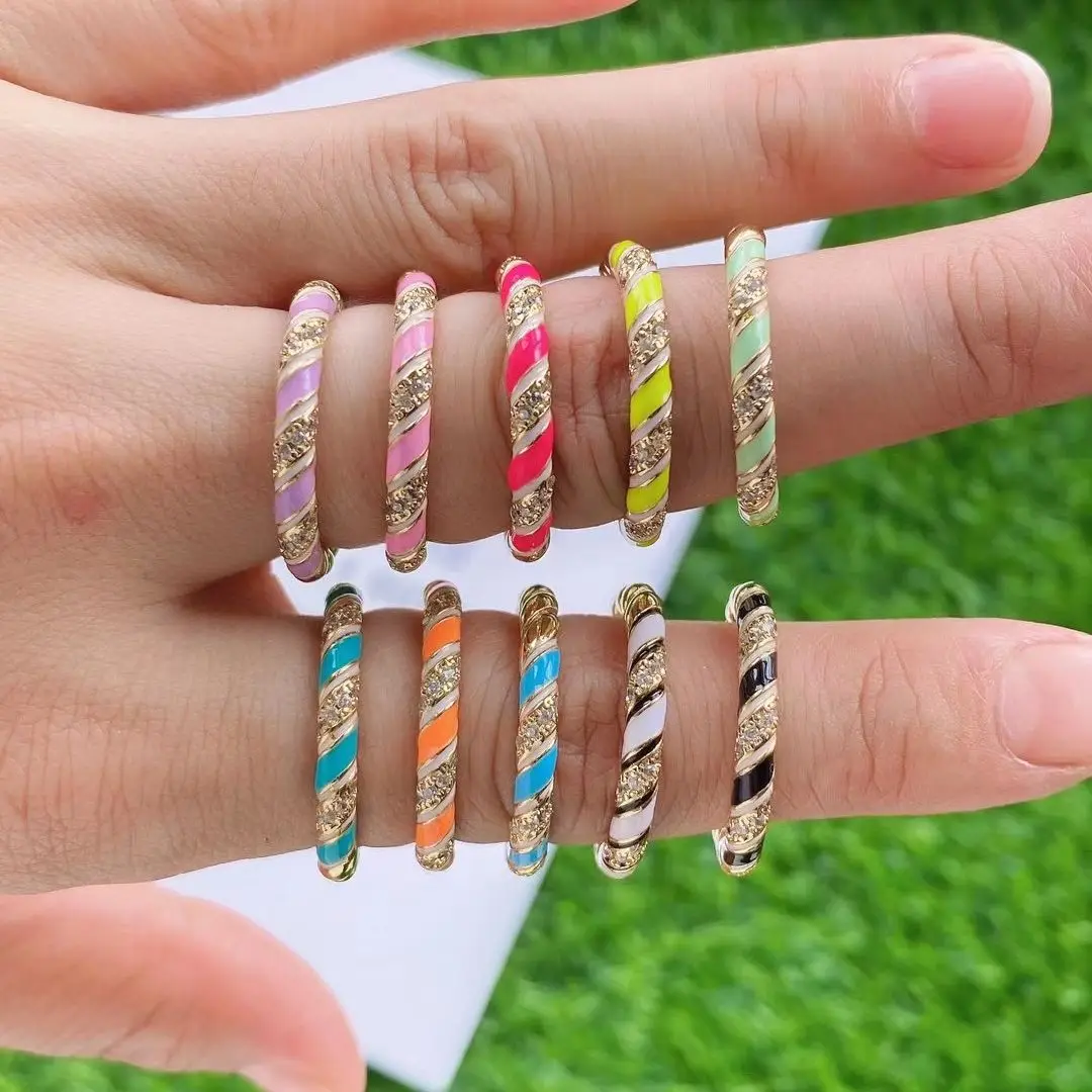 

10Pcs 2021 Fashion Jewelry CZ Micro Pave Multi Color Colorful Enamel Twist Adjustable Rings Gold Color Band Ring for Women Girl