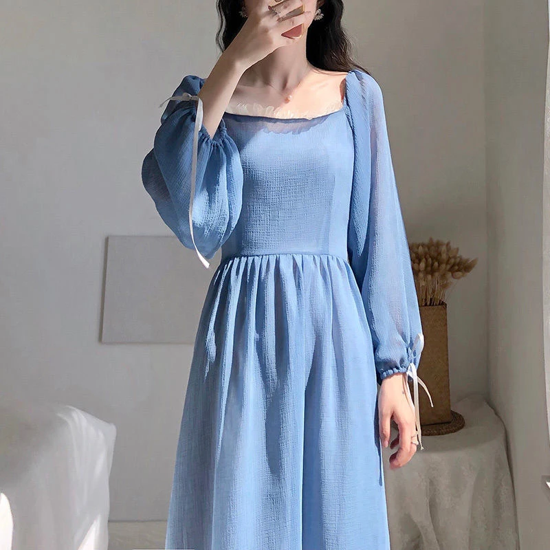 Винтажное французское длинное платье женское однотонное синее трапециевидной