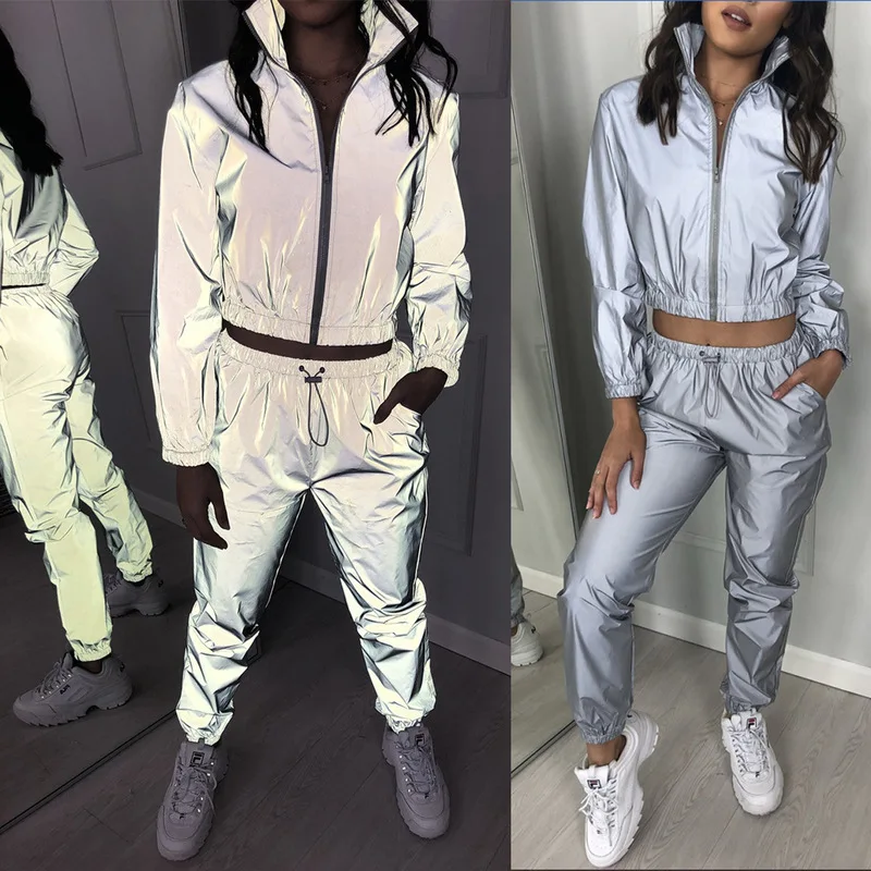 Reflective Turtleneck Sweatsuit Sportwear Two Piece Set Woemn Autumn Jacket Crop Top + Jogger Pant Matching Set Outfit Tracksuit
Reflective Turtleneck Sweatsuit Sportwear Two Piece Set Woemn Autumn Jacket Crop Top + Jogger Pant Matching Set Outfit Tracksuit