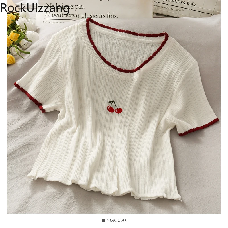 Фото Summer Short Sleeve Cherry Embroidery Cute Graphic Stretch Knit T-Shirt Women T Shirt Fashion Crop Top Tee Cloth Kawaii | Женская одежда
