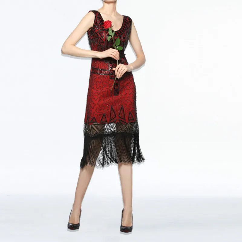 

1920s Flapper Roaring Plus Size 20s Great Gatsby Fringed Sequin Beaded Dress and Embellished Art Deco Dress M L XL