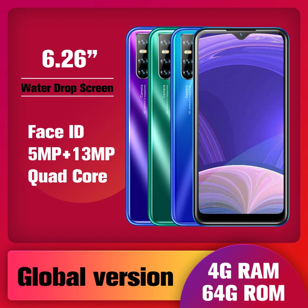 F2 android smartphones MTK Water Drop screen Quad core 5MP +13MP 4G RAM 64G ROM IPS 6.26" mobile phones celular Face ID unlocked |