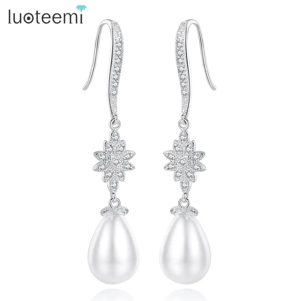 

LUOTEEMI New White Gold Color Earring With Clear CZ Stone And White Imitation Pearl Drop Dangle For Women Elegant Earring Bijoux