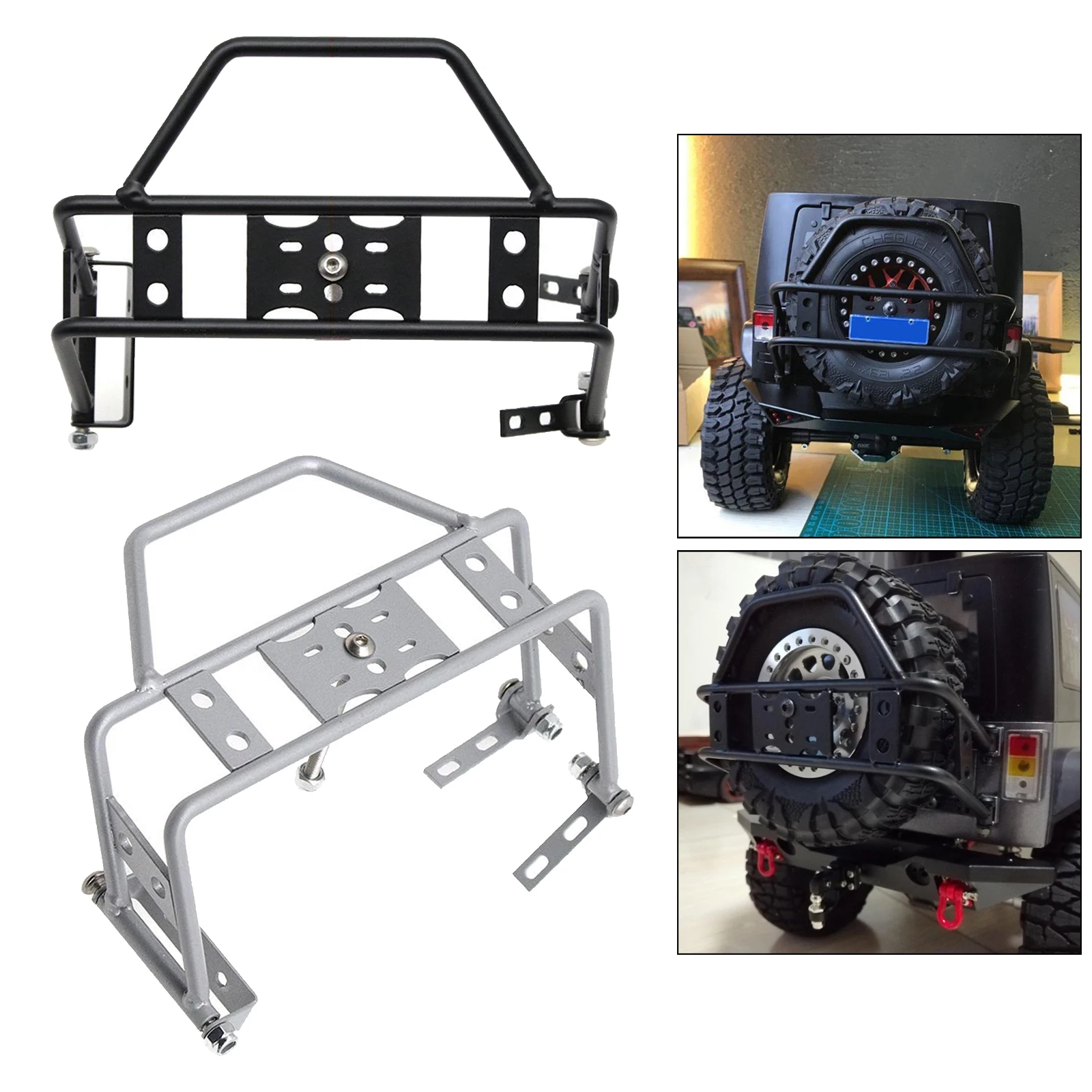 Alloy Metal Rear Bumper Bull Bar With Spare Tire Carrier Shackles For RC Rock Crawler 1/10 TRX4 SCX10 90046 90047 Wrangler Jeep Alloy Metal Rear Bumper Bull Bar With Spare Tire Carrier Shackles For RC Rock Crawler 1/10 TRX4 SCX10 90046 90047 Wrangler Jeep