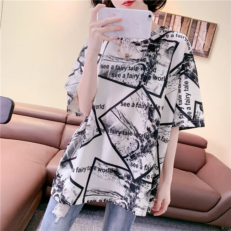 Women Fashion Letter Print T-shirt Hip Pop Streetwear Graphic Loose Long Pullover Top Summer Casual Half Sleeve Clothing Tops
Women Fashion Letter Print T-shirt Hip Pop Streetwear Graphic Loose Long Pullover Top Summer Casual Half Sleeve Clothing Tops