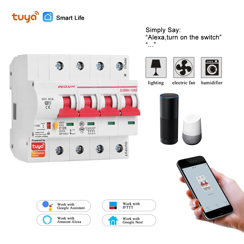 Tuya 4P WiFi circuit breaker overload short circuit protection compatible with Alexa and google home for Smart Home
Tuya 4P WiFi circuit breaker overload short circuit protection compatible with Alexa and google home for Smart Home