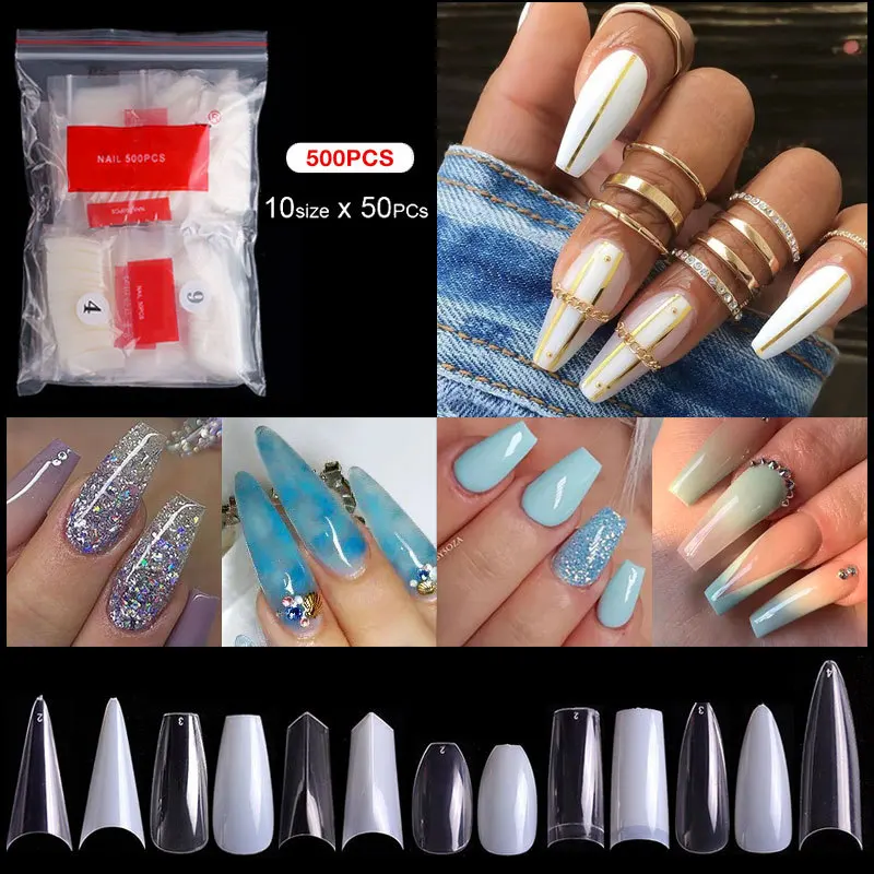 

500Pcs Clear Natural French Ballet Coffin False Nails Tips Half Cover French Acrylic Fake ABS Tips Artificial 0 -9 Nail Art Tips