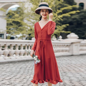 COIGARSAM French Style Women Long dress New Vintage Dresses Red V8185130 
COIGARSAM French Style Women Long dress New Vintage Dresses Red V8185130
