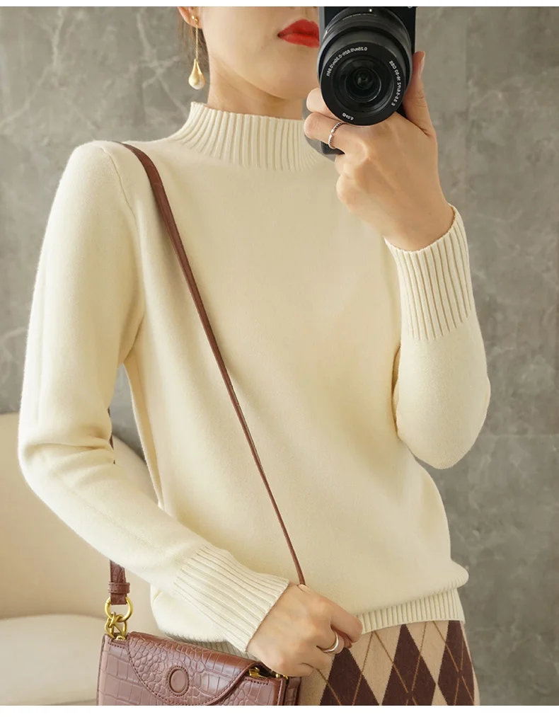 2021 Women's Sweater, Solid Color Wool, Half High Neck Pullover, Warmth, All-Match, Stylish Slim Fit, Large Size, Quality Hot 2021 Women's Sweater, Solid Color Wool, Half High Neck Pullover, Warmth, All-Match, Stylish Slim Fit, Large Size, Quality Hot