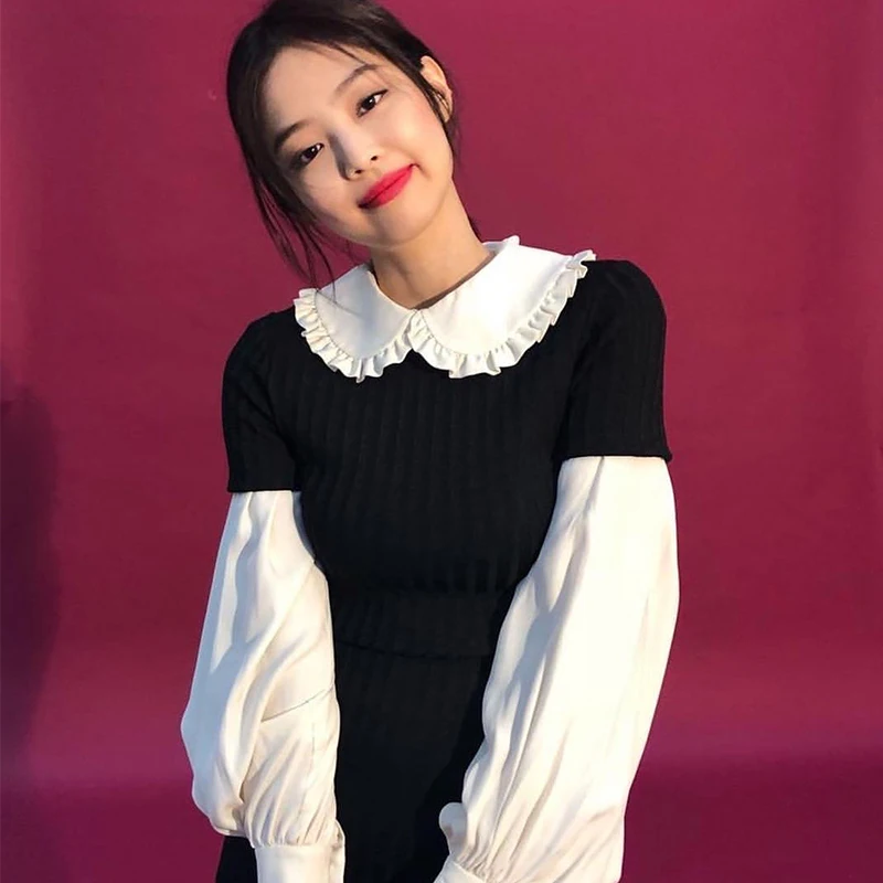 

Kpop Korean Summer Sexy Knit Doll Collar Full Sleeve Dresses Women Party Vintage Elegant Black Fake Two A-Line Package Hip Dress