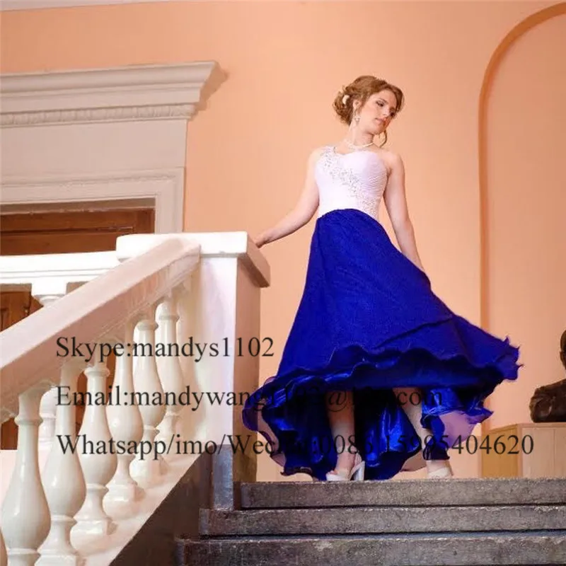 Elegant One Shoulder Long Prom Dress 2020 Ruffled Chiffon Royal Blue Turkish Evening Gowns Beading Crystal rochii de ocazie