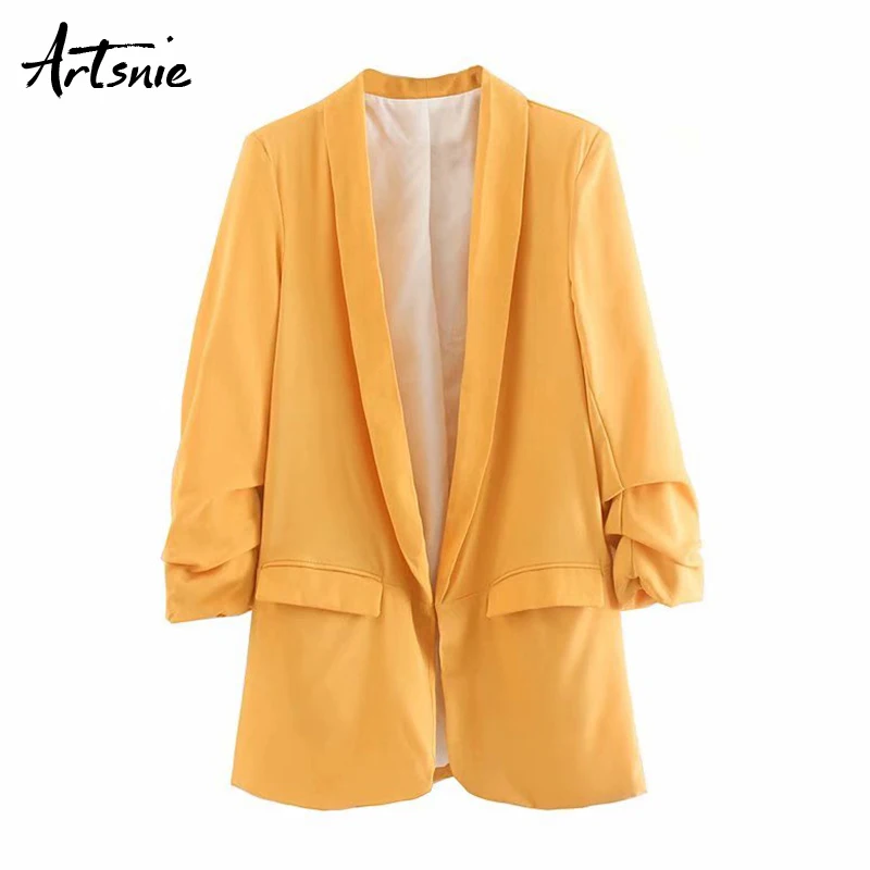 Artsnie casual yellow blazer women autumn 2019 notched three quarter sleeve double pockets coats winter office ol blazers mujer 
Artsnie casual yellow blazer women autumn 2019 notched three quarter sleeve double pockets coats winter office ol blazers mujer