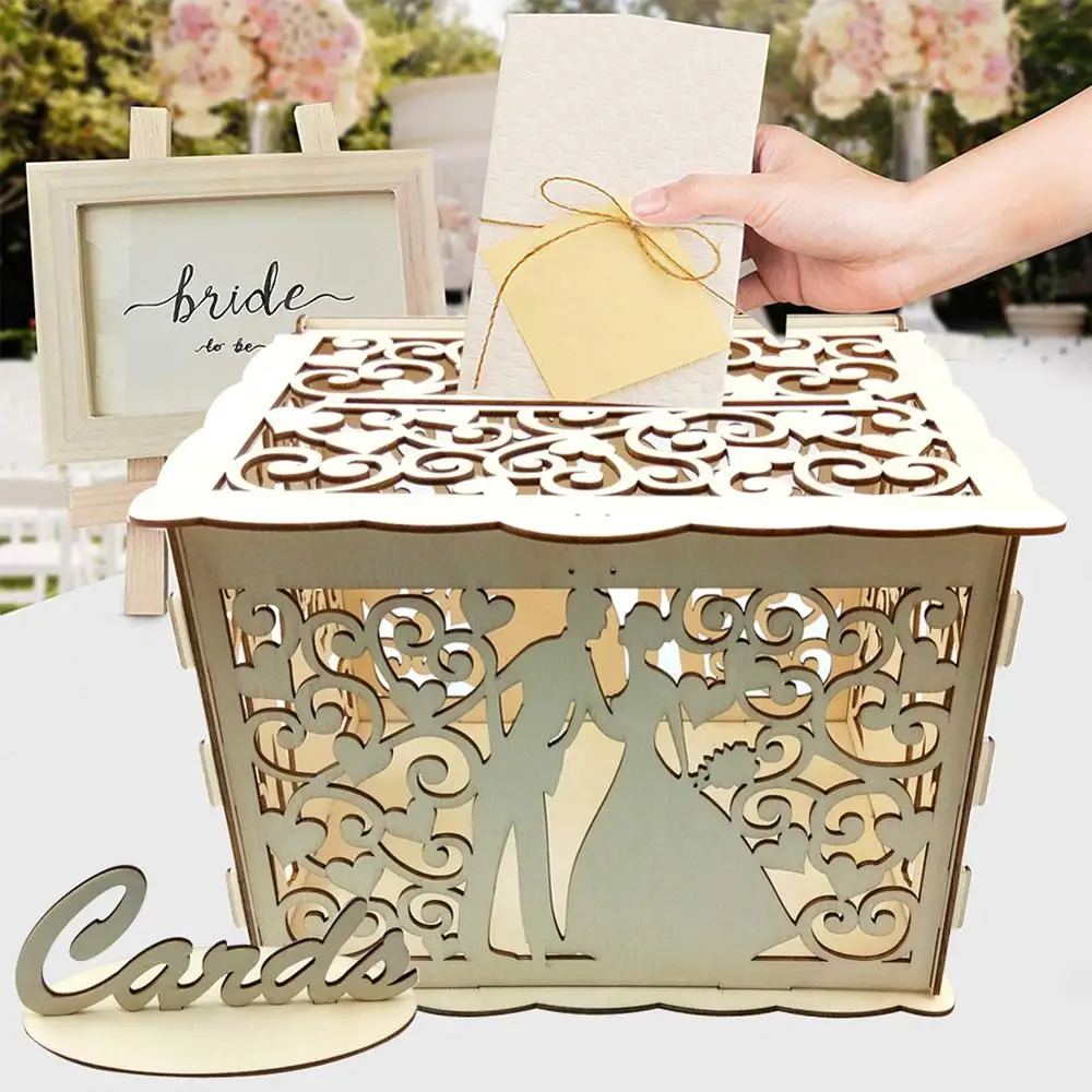 DIY Wedding Card Box Wooden Couple Money Boxes with Lock Hollow Floral Pattern Decor Gift Envelope Birthday Supplies | Дом и сад