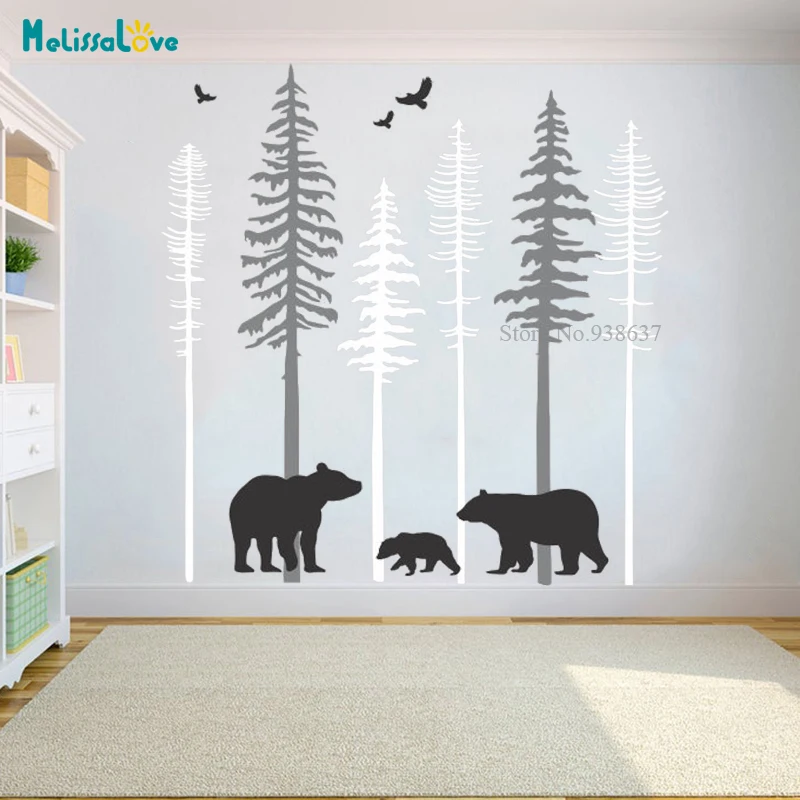 

Pine Tree Decals Bear Woodland Nature Sticker Nursery Kids Room Decor Forest Scene Mural Removable Vinyl Wall Sticker BB064