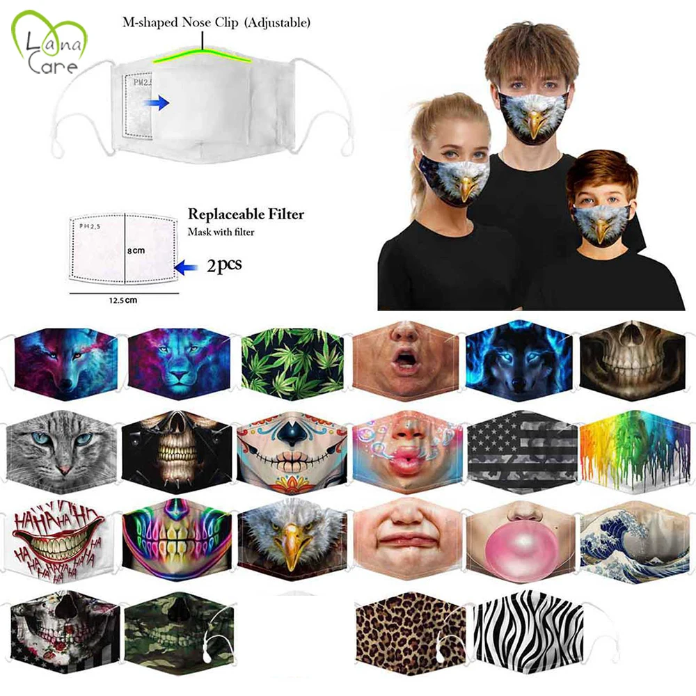 

2PCS Creative Funny Printed Masks with 2 filter PM2.5 Dustproof Mouth Mask for Adult/Children