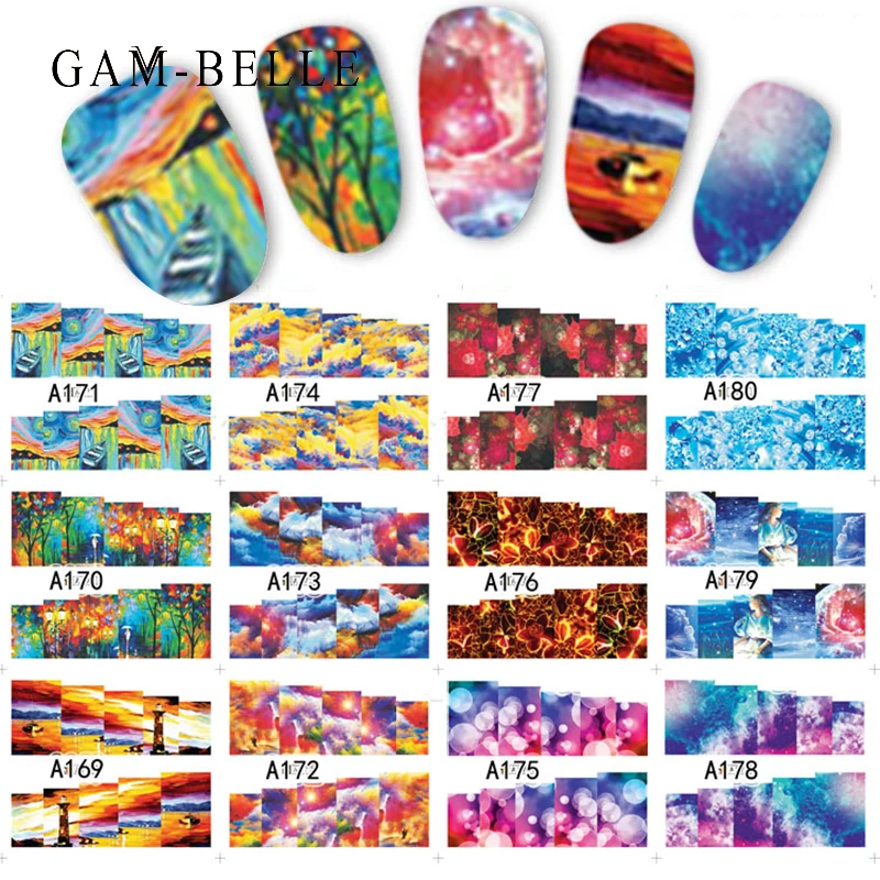 GAM-BELLE смешанный набор из 12 дизайнерских стикеров для ногтей звездное небо