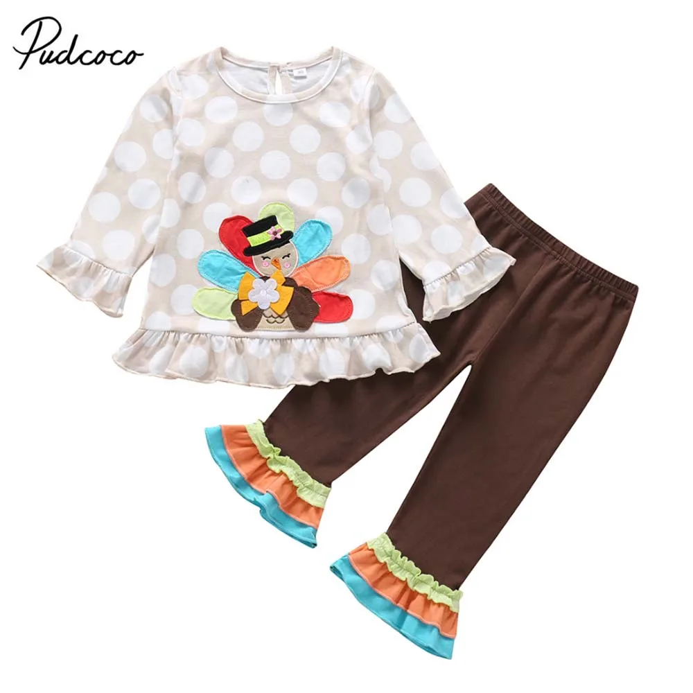 

2019 Brand Baby Girl Thanksgiving Clothes Toddler Kids Polka Dots Turkey Shirt Top Ruffle Long Flare Pants Fall Cute Outfits Set