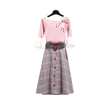 2 Piece Set Women 2020 Spring Autumn New Bell Sleeve Elegant Slimming Sweater Mid-length Plaid A- Line Skirt Two-Piece Sets 
2 Piece Set Women 2020 Spring Autumn New Bell Sleeve Elegant Slimming Sweater Mid-length Plaid A- Line Skirt Two-Piece Sets